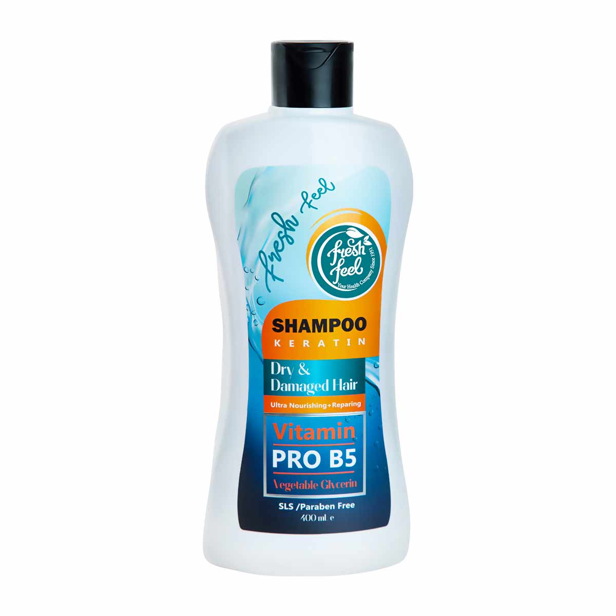 شامپو ترمیم کننده و مغذی موهای خشک وآسیب دیده فرش فیل مدل کراتین Fresh Feel Shampoo KERATIN حجم 400 میلی لیتر