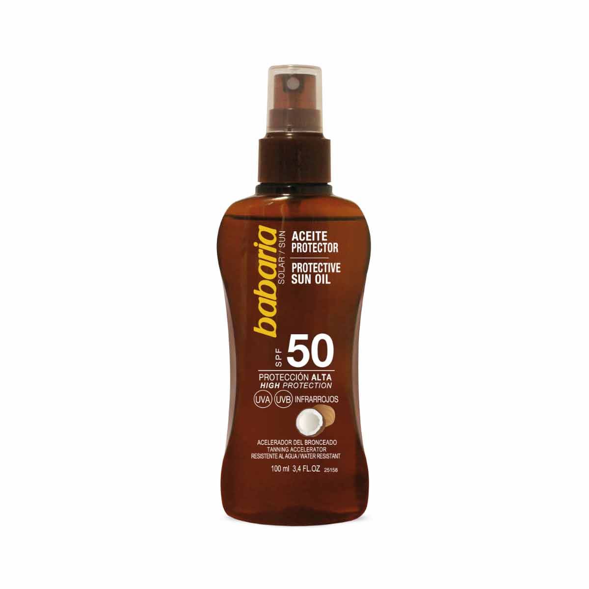 روغن برنز خشک SPF50 باباریا babaria حاوی عصاره نارگیل حجم 100 میل