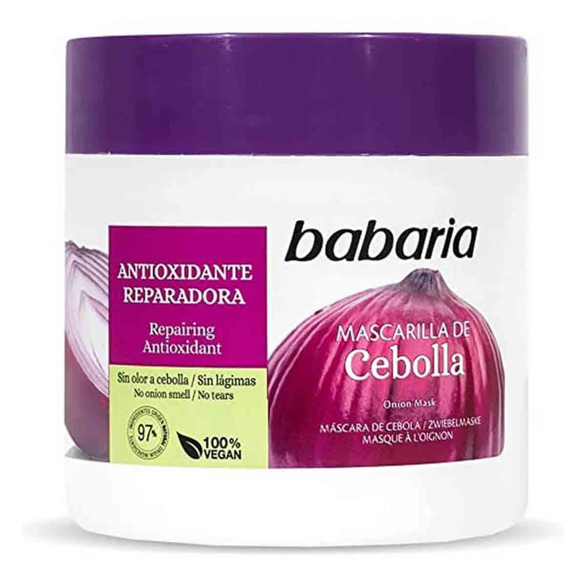 ماسک ترمیم کننده و تقویت کننده مو باباریا babaria مدل Cebolla مناسب موهای رنگ شده با عصاره پیاز حجم 400 میل 