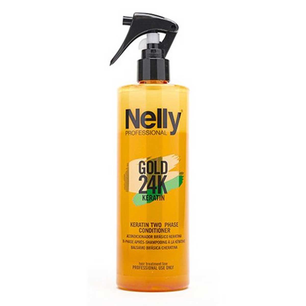 اسپری دو فاز ترمیم کننده مو نلی پروفشنال NELLY مدل کراتین GOLD 24K KERATIN مناسب موهای خشک و آسیب دیده حجم 400 میل