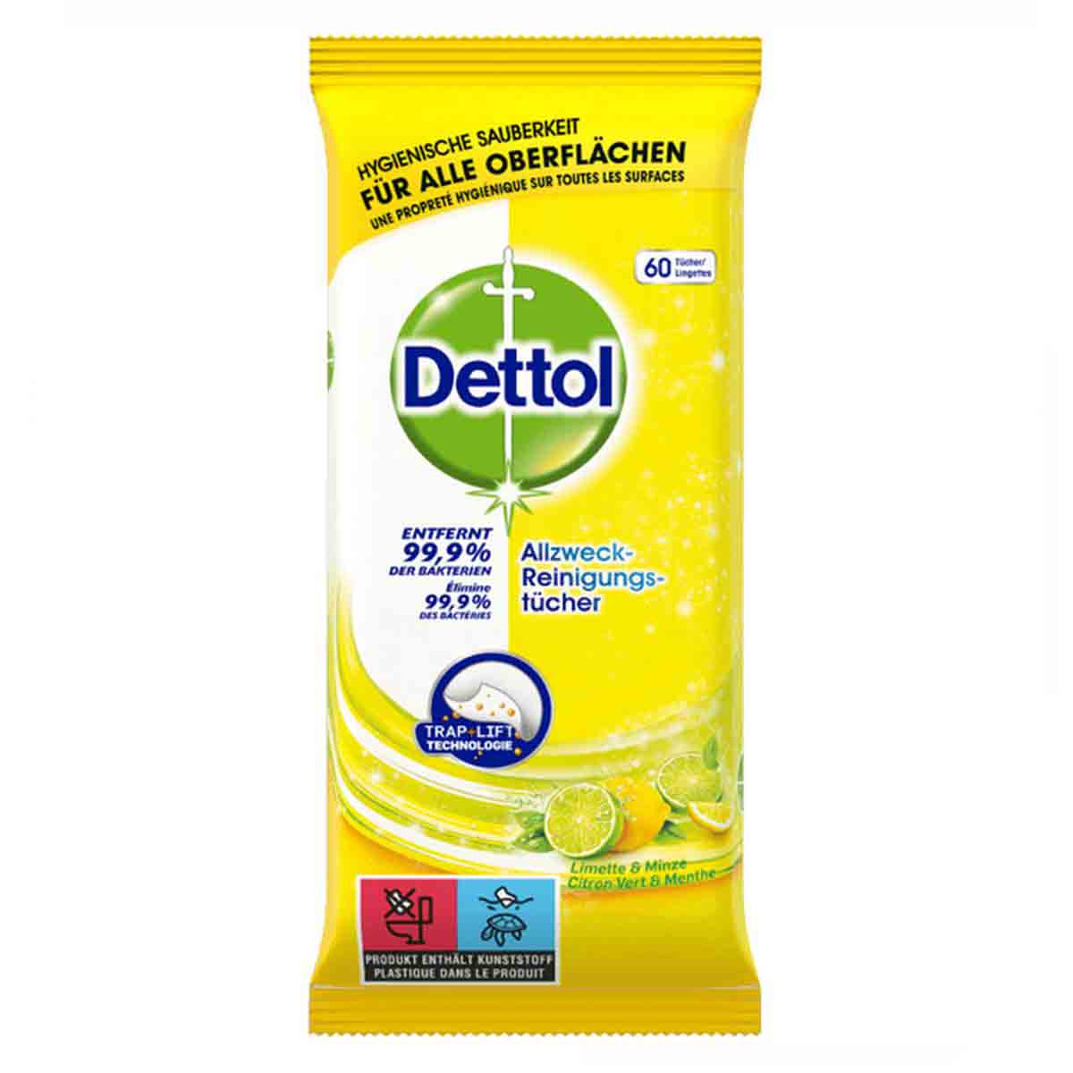 دستمال مرطوب پاک کننده چند منظوره سطوح دتول Dettol حاوی رایحه لیمو و نعناع بسته 60 عددی 