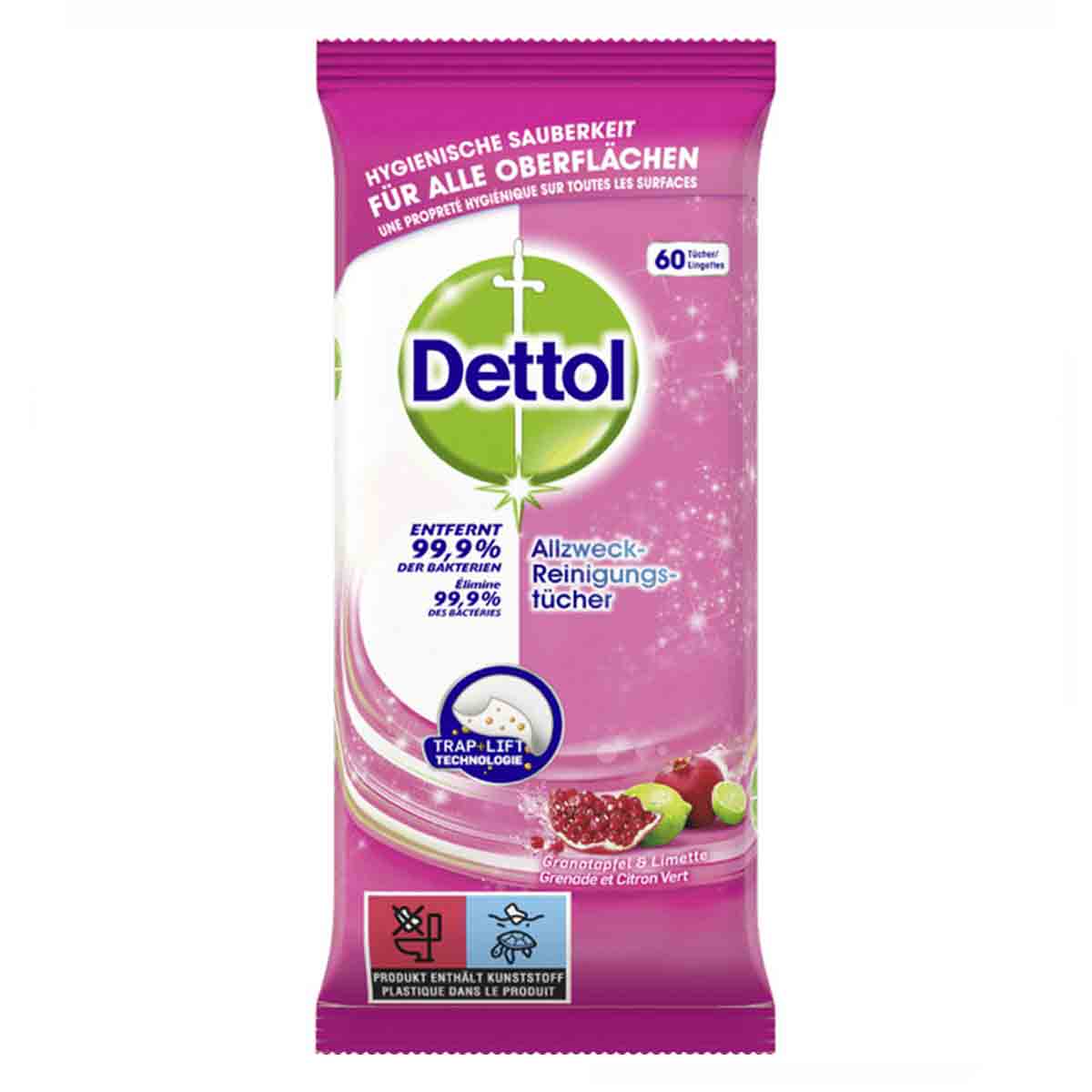 دستمال مرطوب پاک کننده چند منظوره سطوح دتول Dettol حاوی رایحه انار و لیمو ترش بسته 60 عددی 