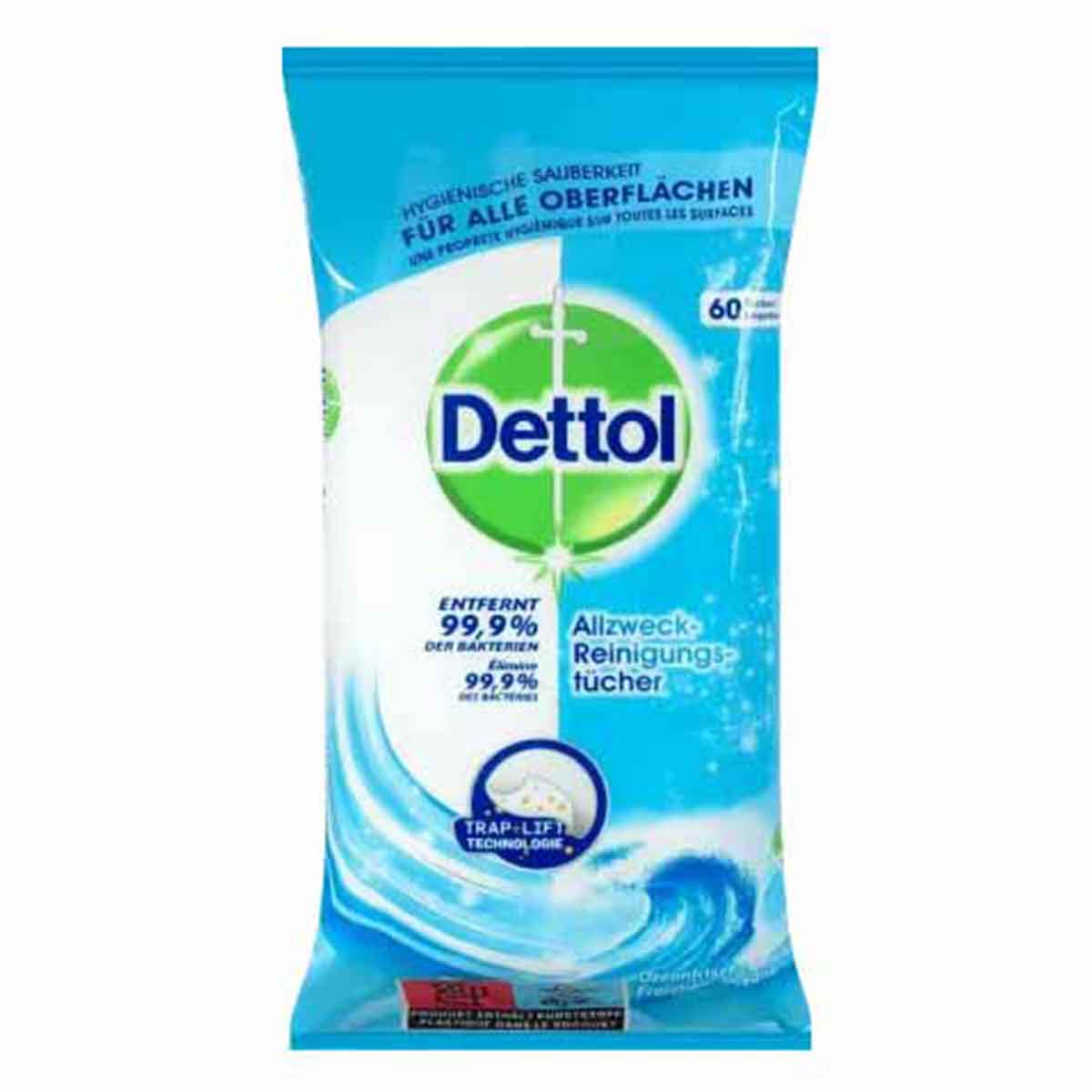  دستمال مرطوب پاک کننده چند منظوره سطوح دتول Dettol حاوی رایحه اقیانوس بسته 60 عددی 