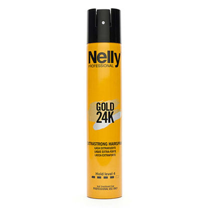 اسپری حالت دهنده و براق کننده مو فوق قوی نلی پروفشنال NELLY مدل GOLD 24K حجم 300 میل 