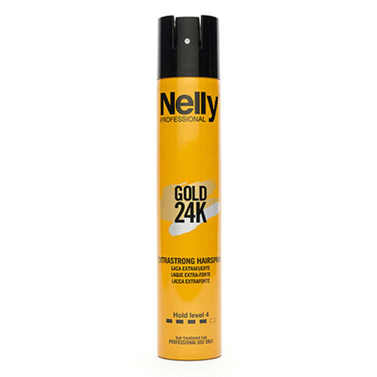 اسپری حالت دهنده و براق کننده مو فوق قوی نلی پروفشنال NELLY مدل GOLD 24K حجم 300 میل