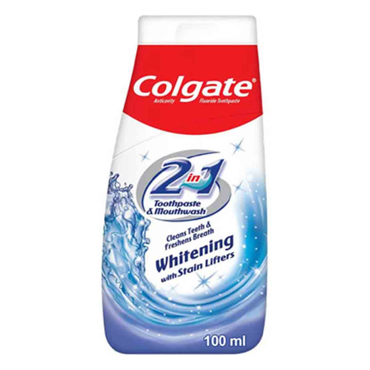 خمیردندان و دهانشویه سفید کننده 2 در 1 کلگیت Colgate مدل whitening with stain lifters حجم 100 میل 