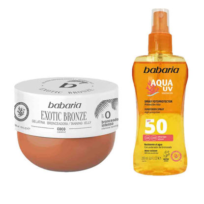 پک ژلاتین برنز نارگیل spf0 حجم 300 میلی لیتر + اسپری دوفاز آکوسان AQUA UV با SPF 50 حجم 200 میل باباریا babaria