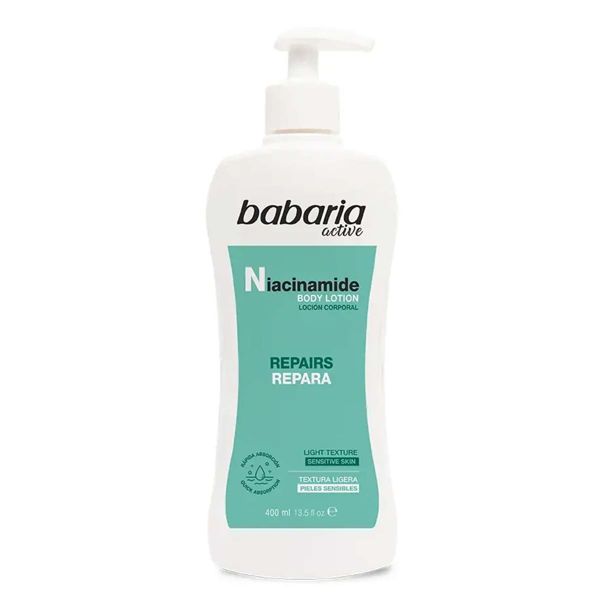 شیر بدن پمپی باباریا babaria حاوی نیاسینامید NIACINAMIDE مناسب پوست حساس حجم 400 میل