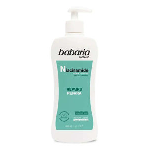 شیر بدن پمپی باباریا babaria حاوی نیاسینامید NIACINAMIDE مناسب پوست حساس حجم 400 میل