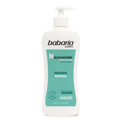 شیر بدن پمپی باباریا babaria حاوی نیاسینامید NIACINAMIDE مناسب پوست حساس حجم 400 میل